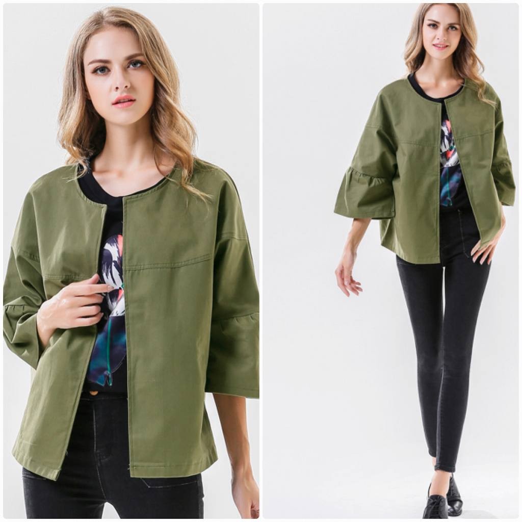 レディース　ラウンドネック　七分袖　ジャケット　コート　秋　冬　アウター　カジュアル　長袖　キュート　大人　可愛い　フェミニン　きれいめ　エレガント　おしゃれ　お出かけ　お呼ばれ　デイリー　オリーブ　S　M　L　XL　サイズ　送料無料