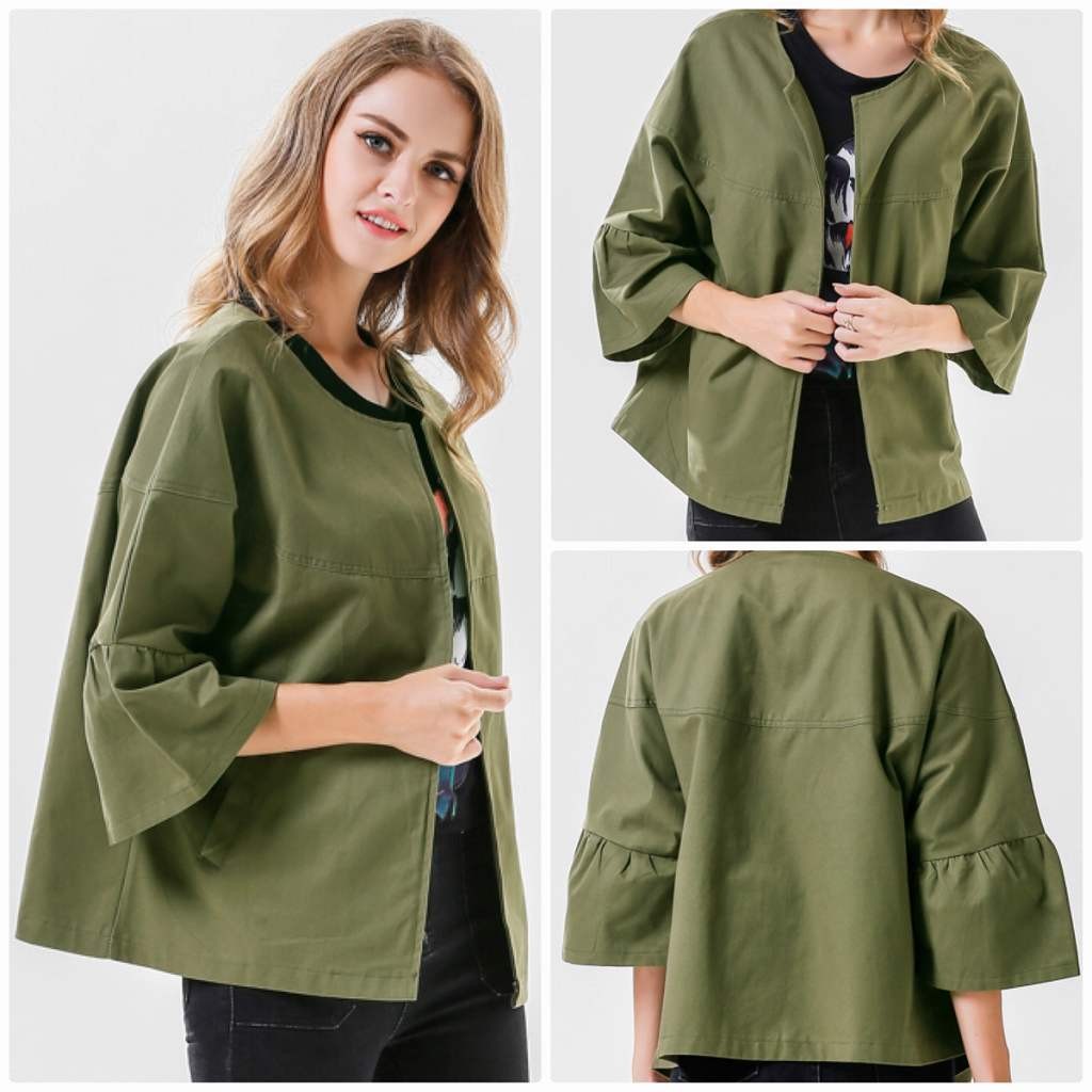 レディース　ラウンドネック　七分袖　ジャケット　コート　秋　冬　アウター　カジュアル　長袖　キュート　大人　可愛い　フェミニン　きれいめ　エレガント　おしゃれ　お出かけ　お呼ばれ　デイリー　オリーブ　S　M　L　XL　サイズ　送料無料