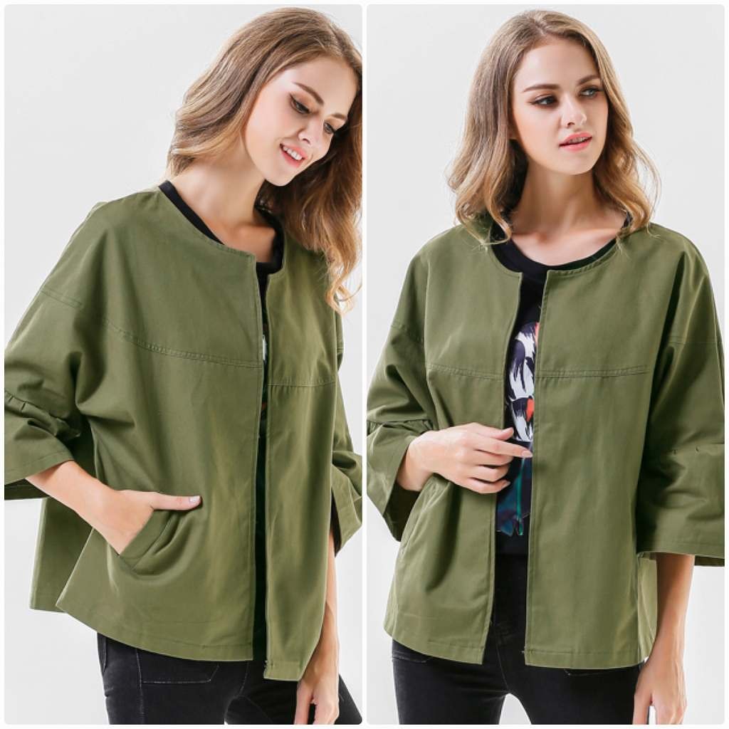 レディース　ラウンドネック　七分袖　ジャケット　コート　秋　冬　アウター　カジュアル　長袖　キュート　大人　可愛い　フェミニン　きれいめ　エレガント　おしゃれ　お出かけ　お呼ばれ　デイリー　オリーブ　S　M　L　XL　サイズ　送料無料