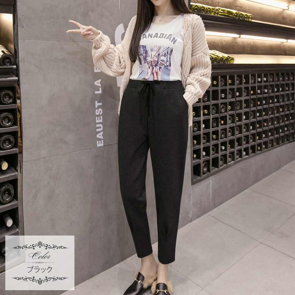レディース　ボトムス　パンツ　秋　冬　無地　ウエストゴム　アンクル　大きいサイズ　カジュアル　可愛い　フェミニン　デート　通勤　おでかけ　普段着　グレー　ブラック　送料無料