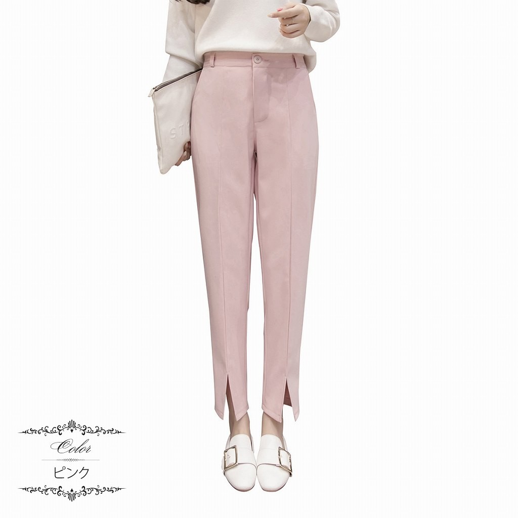 レディース　ボトムス　パンツ　無地　パンツスーツ　アンクル　スリット　ウエストゴム　カジュアル　可愛い　フェミニン　シンプル　ハイウエスト　デート　通勤　おでかけ　普段着　ブラック　ピンク　送料無料