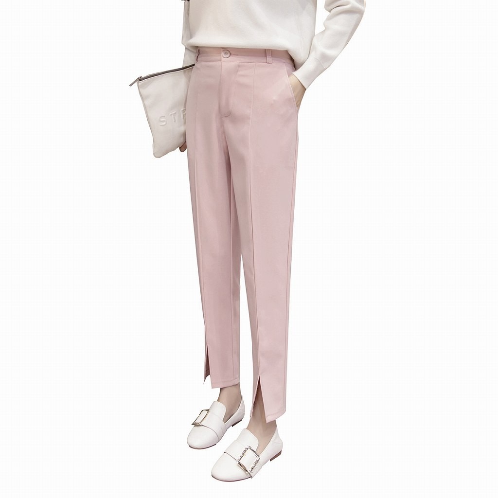 レディース　ボトムス　パンツ　無地　パンツスーツ　アンクル　スリット　ウエストゴム　カジュアル　可愛い　フェミニン　シンプル　ハイウエスト　デート　通勤　おでかけ　普段着　ブラック　ピンク　送料無料