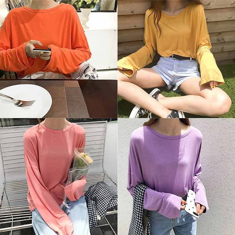 レディース　トップス　Tシャツ　長袖　無地　カットソー　オーバルネック　綿　シンプル　袖長い　ゆったり　おしゃれ　カジュアル　大人可愛い　フェミニン　デート　お出かけ　普段着　ブラック　ホワイト　イエロー　オレンジ　送料無料