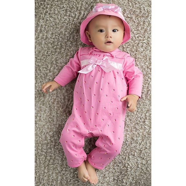ベビー　キッズ　子供服　女　女の子　長袖　ロンパース　カバーオール　つなぎ　帽子　セット　リボン　ドット　ピンク　イエロー　黄　レッド　赤　送料無料