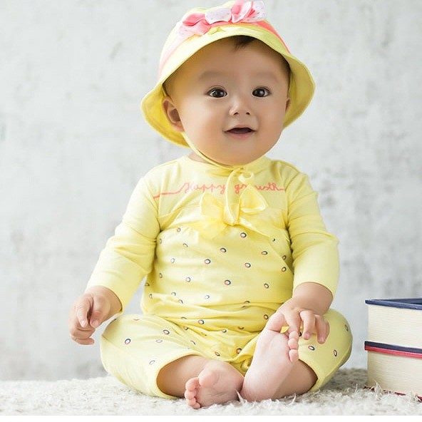 ベビー　キッズ　子供服　女　女の子　長袖　ロンパース　カバーオール　つなぎ　帽子　セット　リボン　ドット　ピンク　イエロー　黄　レッド　赤　送料無料