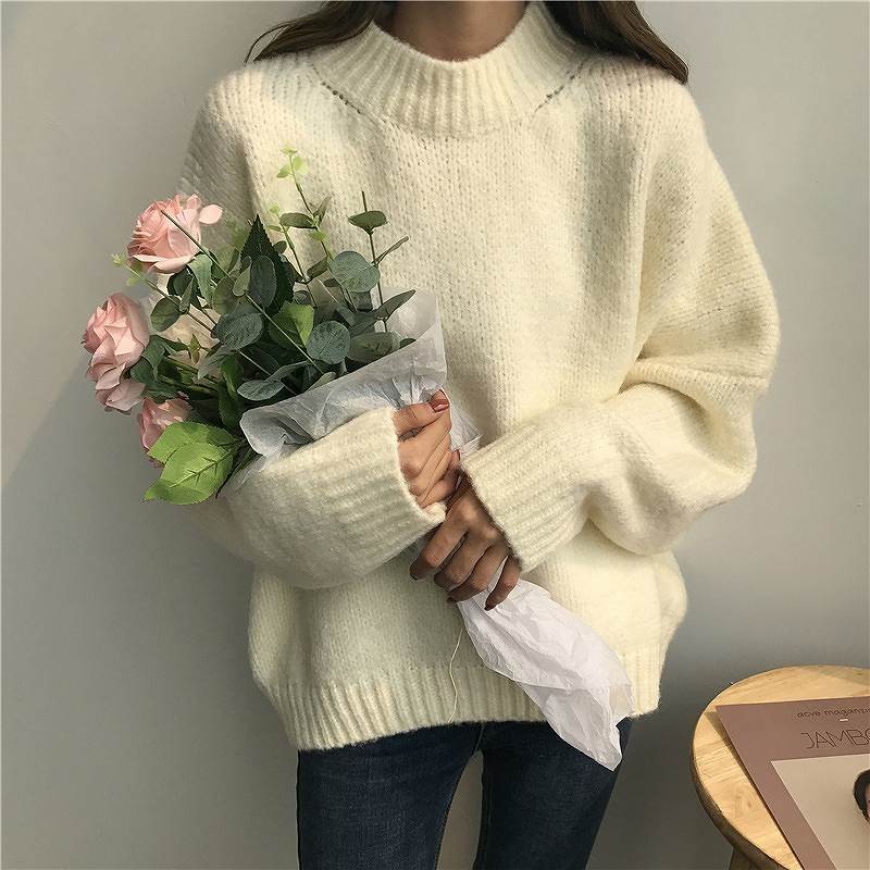 レディース　トップス　ニット　セーター　長袖　無地　ウール　厚手　シンプル　ゆったり　おしゃれ　カジュアル　大人可愛い　フェミニン　デート　お出かけ　通勤　普段着　ホワイト　ローズ　ブルー　イエロー　オレンジ　送料無料