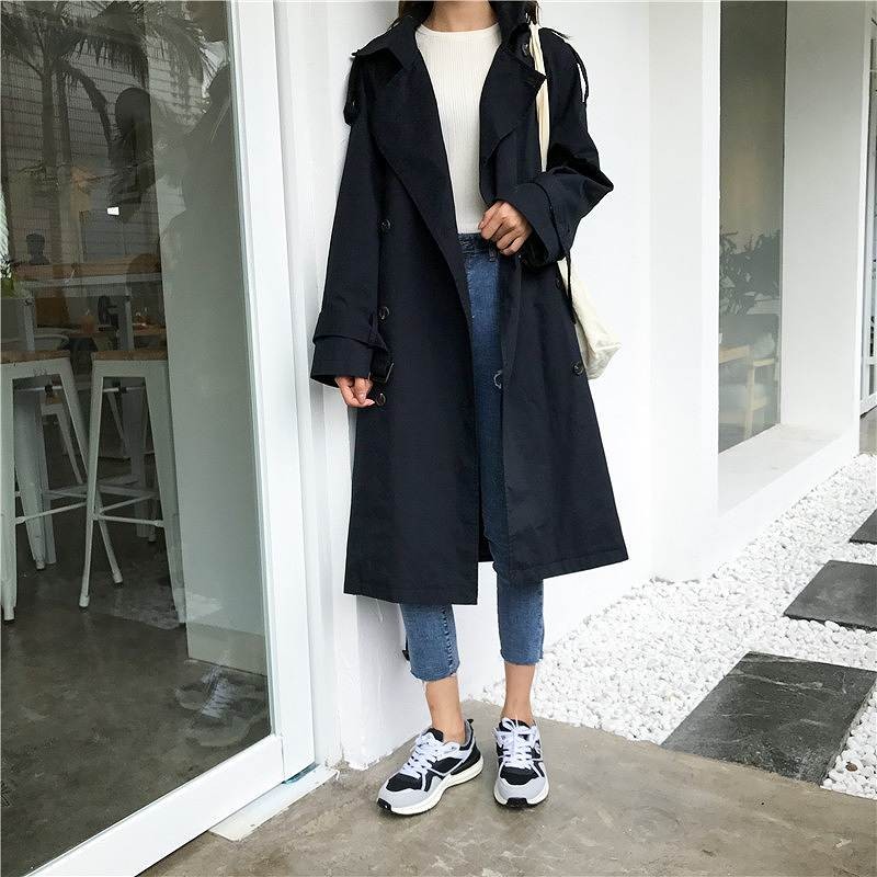 レディース　アウター　ダブルブレスト　コート　ロング　袖ベルト　長袖　無地　フリーサイズ　カジュアル　大人可愛い　フェミニン　キュート　かわいい　オフィス　OL　通勤　学生　デート　お出かけ　デイリー　グレー　カーキ　ブラック　送料無料