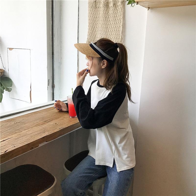 レディース　トップス　Tシャツ　バイカラー　長袖　ラグラン　ラウンドネック　ゆったり　無地　フリーサイズ　カジュアル　大人可愛い　フェミニン　キュート　かわいい　デート　お出かけ　デイリー　ピンク　イエロー　ブラック　送料無料