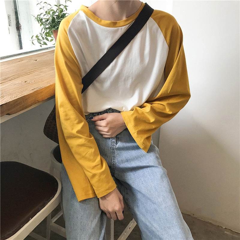 レディース　トップス　Tシャツ　バイカラー　長袖　ラグラン　ラウンドネック　ゆったり　無地　フリーサイズ　カジュアル　大人可愛い　フェミニン　キュート　かわいい　デート　お出かけ　デイリー　ピンク　イエロー　ブラック　送料無料