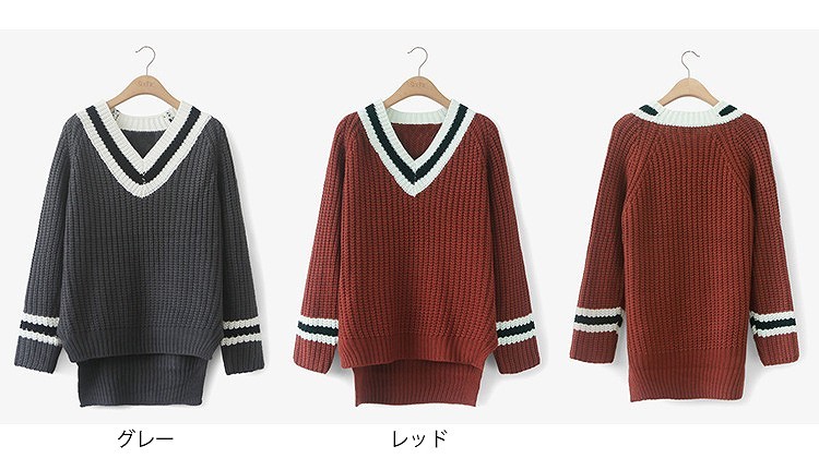 レディース　トップス　ニット　セーター　長袖　Vネック　ロングテール　ゆったり　無地　フリーサイズ　カジュアル　大人可愛い　フェミニン　キュート　デート　お出かけ　デイリー　グレー　レッド　送料無料