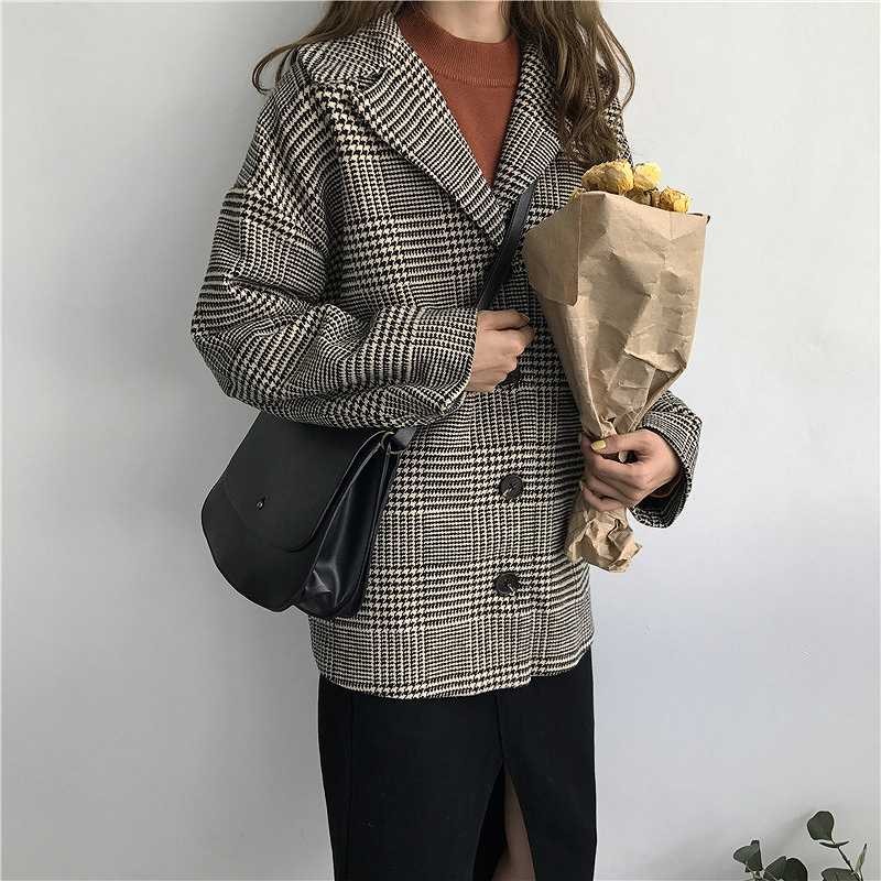 レディース　アウター　ウール　ジャケット　レトロ　千鳥格子　長袖　フリーサイズ　カジュアル　大人可愛い　キュート　シック　上品　オフィス　OL　通勤　学生　デート　お出かけ　デイリー　ブラック　送料無料