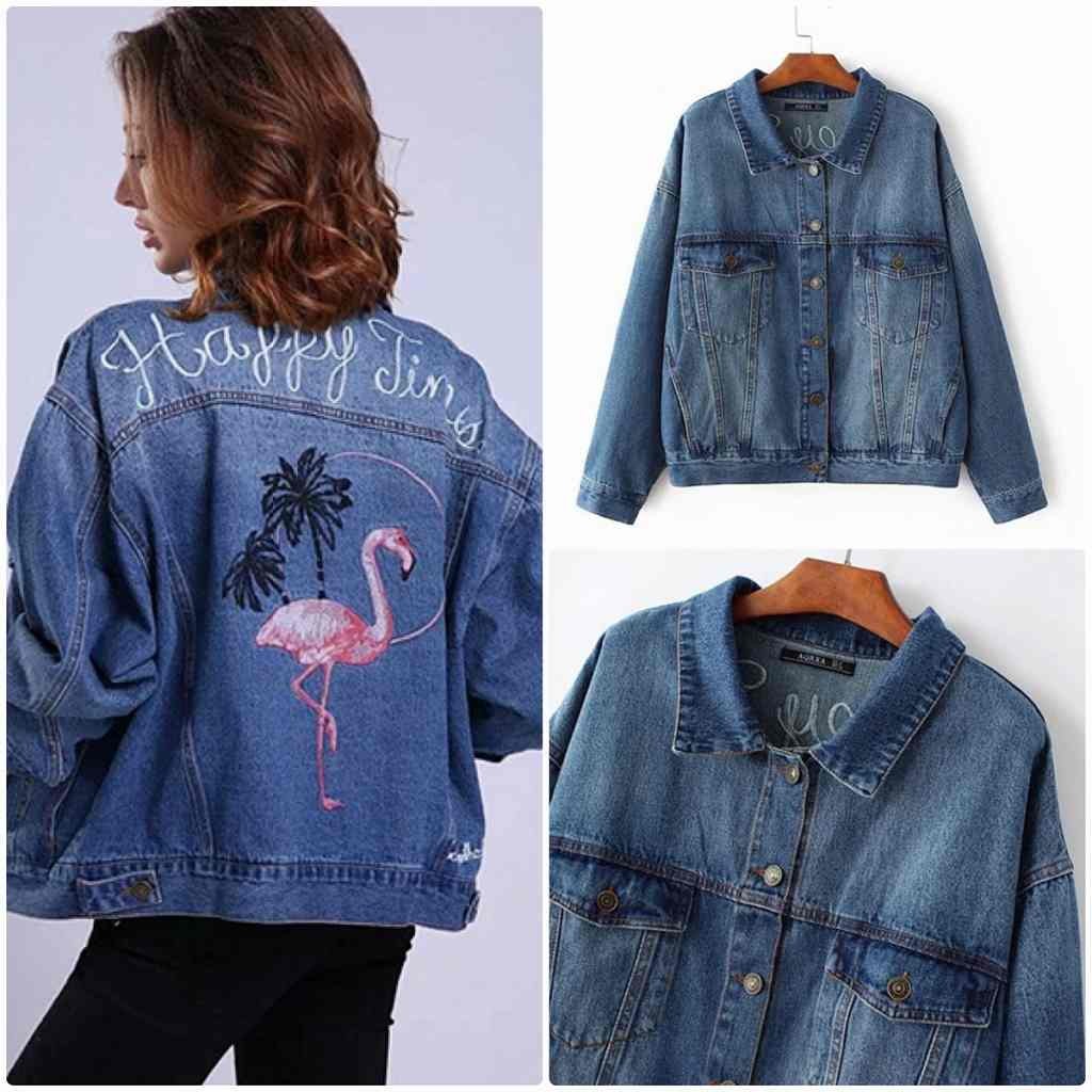 レディース　デニム　ジャケット　フラミンゴ　刺繍　ジージャン　Gジャン　秋　冬　コート　アウター　カジュアル　フェミニン　セクシー　きれいめ　エレガント　セクシー　おしゃれ　お出かけ　お呼ばれ　ブルー　S　M　L　サイズ　送料無料