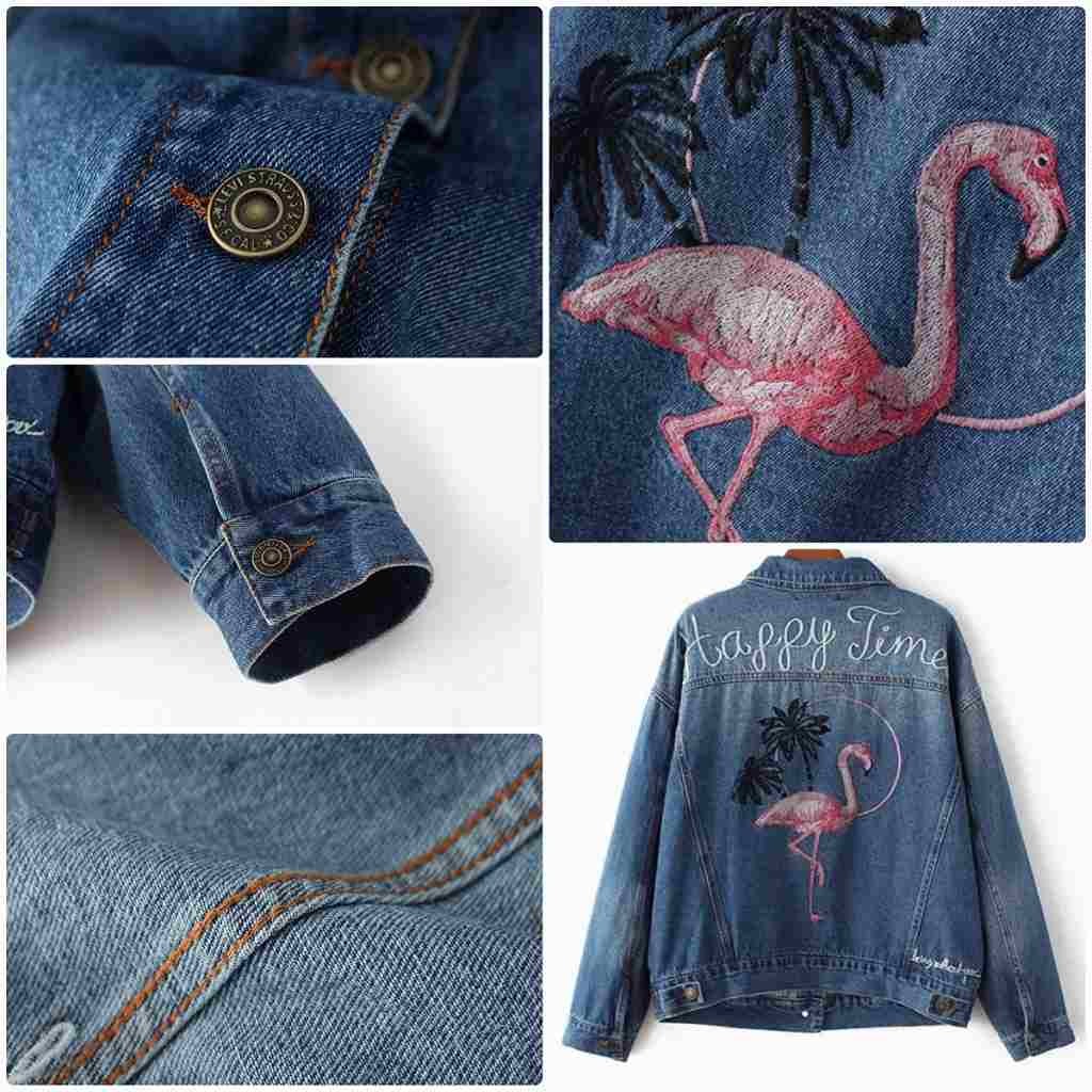 レディース　デニム　ジャケット　フラミンゴ　刺繍　ジージャン　Gジャン　秋　冬　コート　アウター　カジュアル　フェミニン　セクシー　きれいめ　エレガント　セクシー　おしゃれ　お出かけ　お呼ばれ　ブルー　S　M　L　サイズ　送料無料