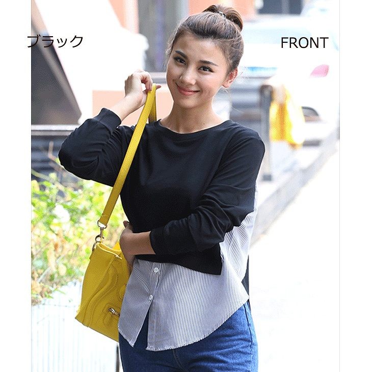 レディース　トップス　ラウンドネック　重ね着風　ブラウス　ロングTシャツ　ロンT　ロングスリーブ　長袖　春　女性　大人　カジュアル　キュート　清楚　可愛い　おしゃれ　ファッション　ブラック　グレー　M　L　サイズ　無地　ストライプ　送料無料