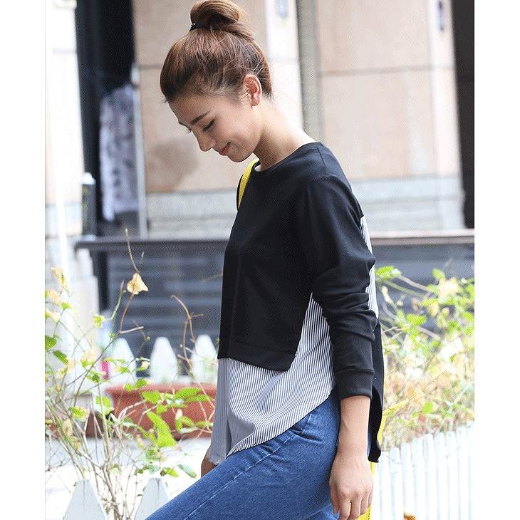 レディース　トップス　ラウンドネック　重ね着風　ブラウス　ロングTシャツ　ロンT　ロングスリーブ　長袖　春　女性　大人　カジュアル　キュート　清楚　可愛い　おしゃれ　ファッション　ブラック　グレー　M　L　サイズ　無地　ストライプ　送料無料