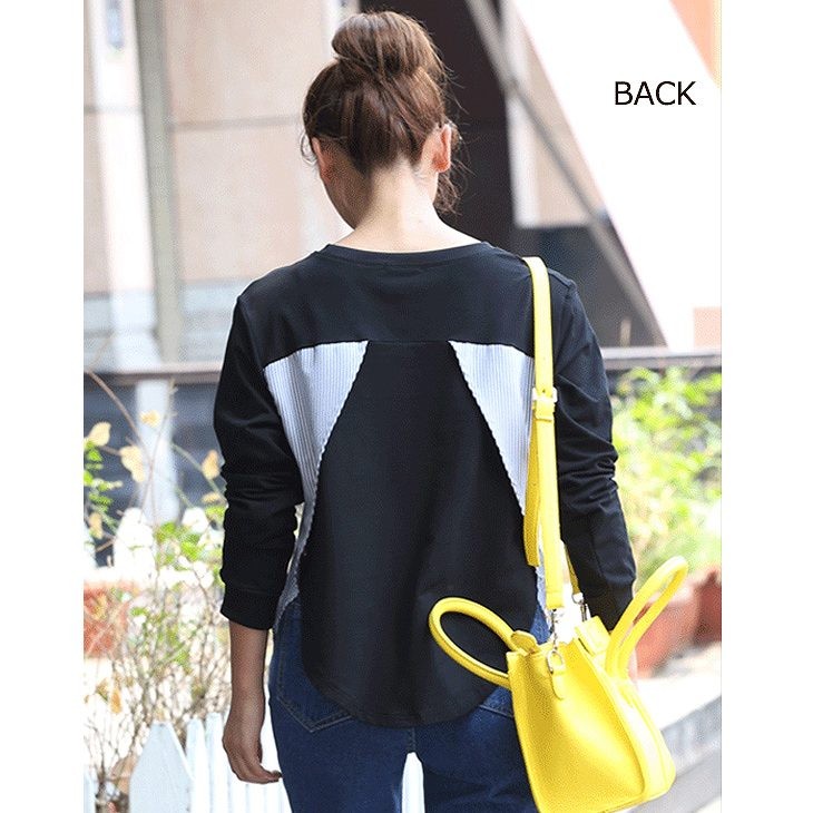 レディース　トップス　ラウンドネック　重ね着風　ブラウス　ロングTシャツ　ロンT　ロングスリーブ　長袖　春　女性　大人　カジュアル　キュート　清楚　可愛い　おしゃれ　ファッション　ブラック　グレー　M　L　サイズ　無地　ストライプ　送料無料