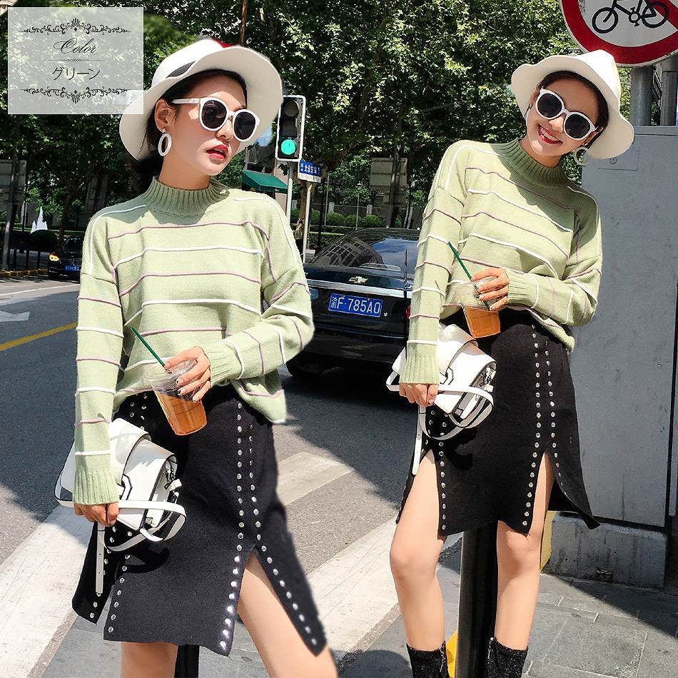 レディース　トップス　ボーダー　ニット　セーター　長袖　ゆったり　ハイネック　フリーサイズ　カジュアル　大人可愛い　フェミニン　デート　お出かけ　デイリー　グリーン　送料無料