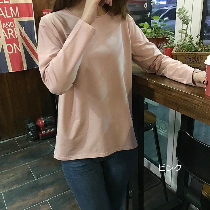 レディース　トップス　ラウンドネック　ロングTシャツ　ロンT　ロングスリーブ　長袖　春　女性　大人　カジュアル　キュート　清楚　可愛い　おしゃれ　ファッション　ブラック　ピンク　ホワイト　グリーン　ラベンダー　フリーサイズ　ワンサイズ　送料無料