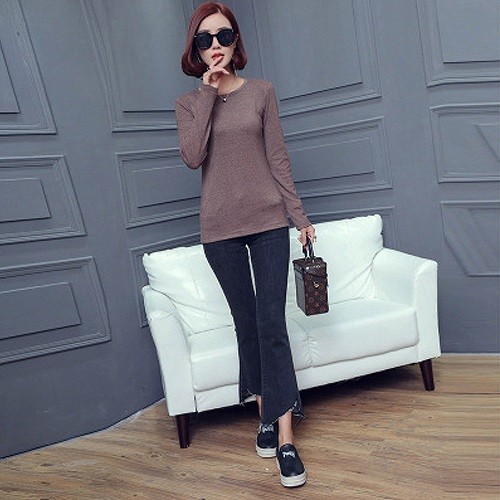 レディース　ロングTシャツ　ラウンドネック　ロンT　ロングスリーブ　トップス　Uネック　春　長袖　Tシャツ　女性　大人　カジュアル　キュート　可愛い　おしゃれ　ファッション　グレー　灰色　S　M　L　XL　サイズ　送料無料