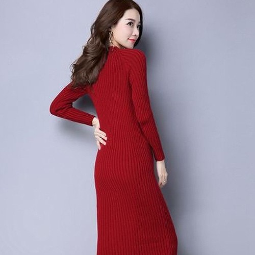 レディース　ニットワンピース　チュニック　ゆるニット　長袖　セーター　クルーネック　トップス　ゆったり　女性　大人　キュート　可愛い　おしゃれ　ファッション　ワインレッド　レッド　ピンク　グレー　グリーン　ブラック　S　M　L　XL　2XL　送料無料