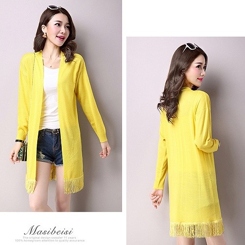 レディース　ニット　ロングカーディガン　フリンジ　トップス　アウター　長袖　セーター　春　女性　大人　カジュアル　キュート　清楚　可愛い　セクシー　おしゃれ　ファッション　ピンク　ホワイト　イエロー　ブラック　M　L　サイズ　無地　送料無料
