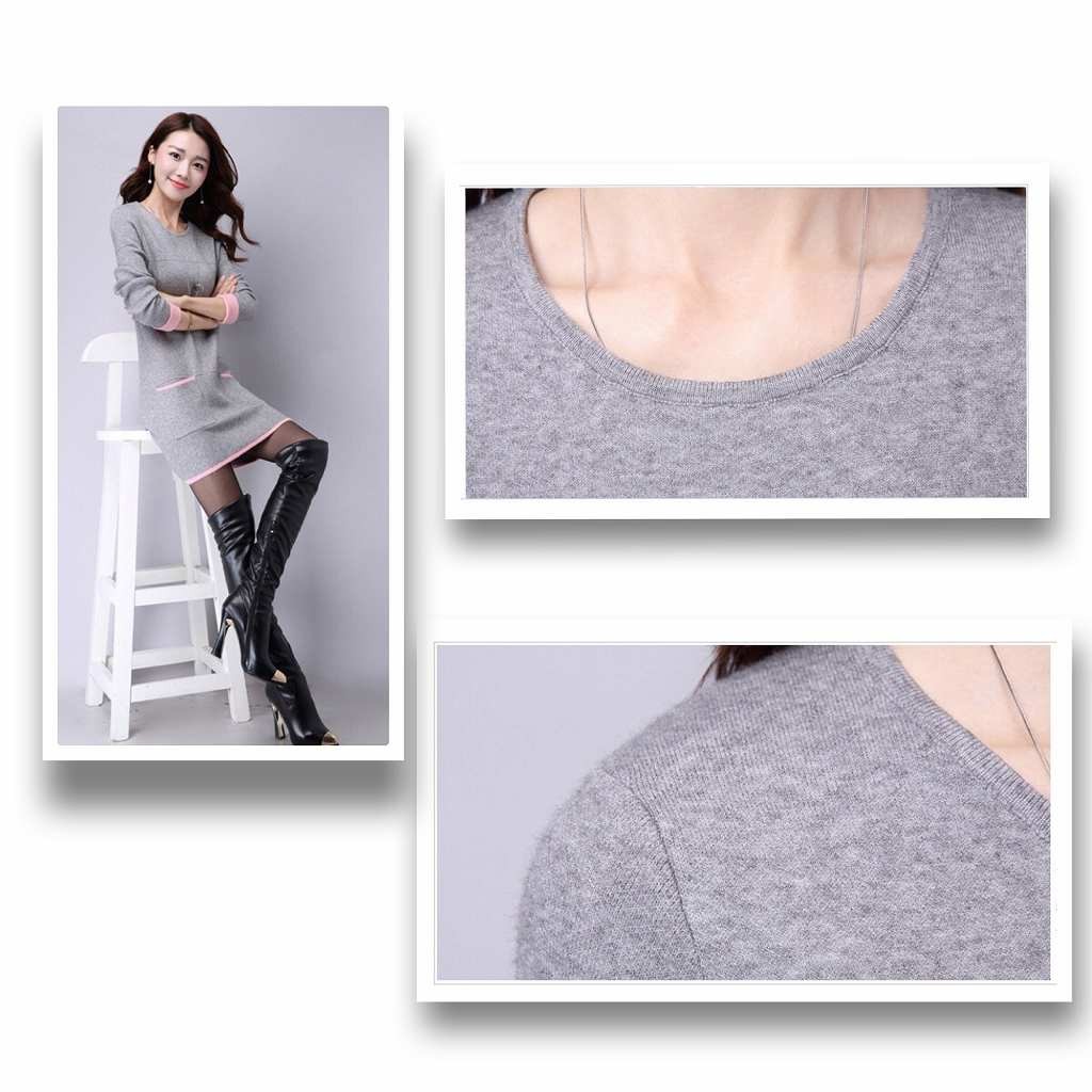 レディース　ニット　ワンピース　膝上丈　ラウンドネック　無地　長袖　シンプル　キュート　かわいい　ポケット　大きいサイズ　カジュアル　大人可愛い　フェミニン　オフィス　通勤　OL　デート　お出かけ　グレー　ブラック　インディゴ　カーキ　レッド　送料無料