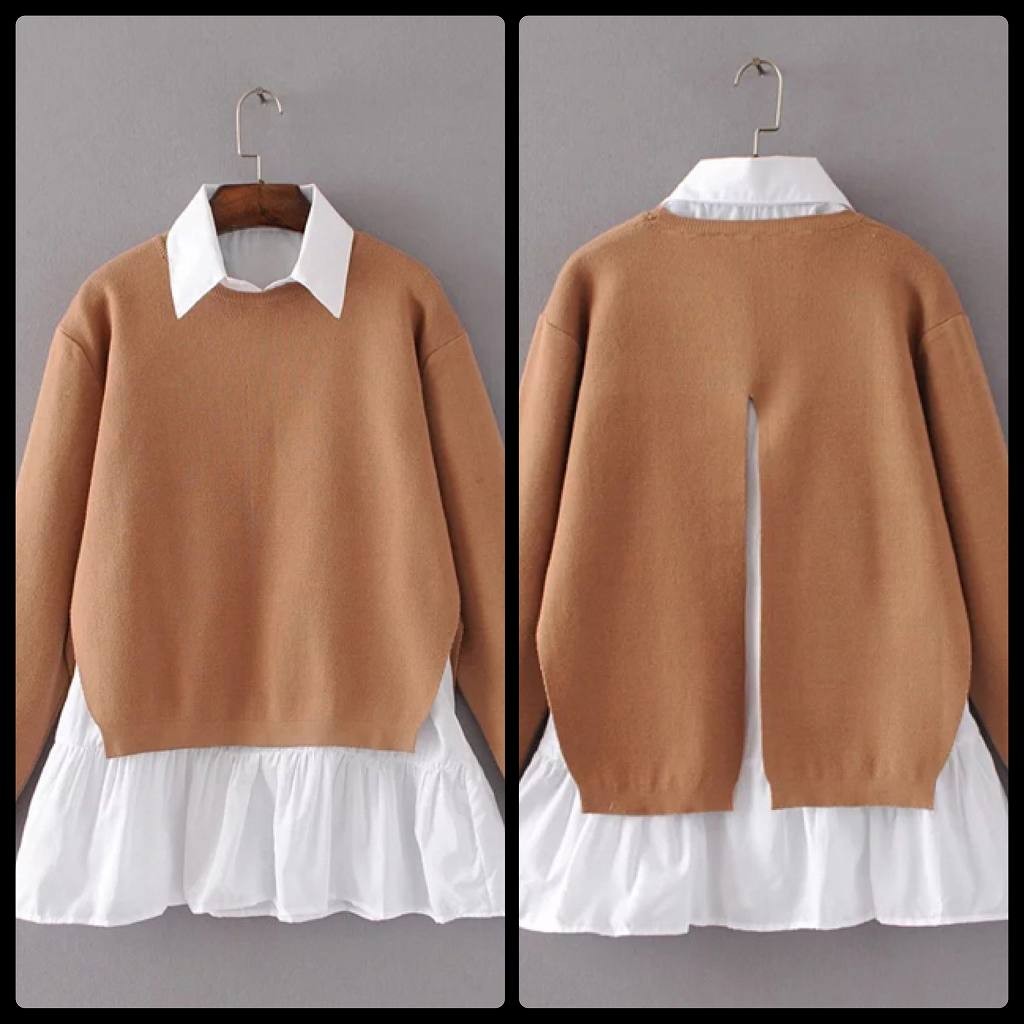 レディース　アンサンブル　レイヤード　重ね着　ニット　セーター　シャツ　無地　長袖　ノースリーブ　シンプル　キュート　かわいい　カジュアル　大人可愛い　フェミニン　オフィス　通勤　OL　デート　お出かけ　カーキ　ブラック　送料無料