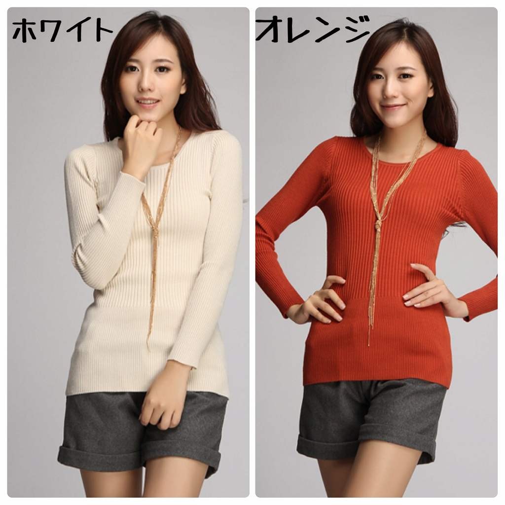 レディース　ニット　スリム　セーター　無地　ラウンドネック　長袖　シンプル　カジュアル　大人可愛い　フェミニン　オフィス　通勤　OL　デート　お出かけ　ブラック　ブラウン　ホワイト　オレンジ　送料無料