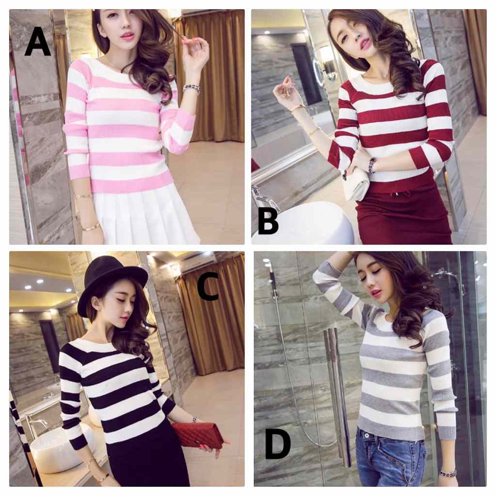 レディース　ニット　ボーダー　セーター　ラウンドネック　長袖　定番　シンプル　カジュアル　大人可愛い　フェミニン　オフィス　通勤　OL　デート　お出かけ　ピンク　レッド　ブラック　ブルー　送料無料
