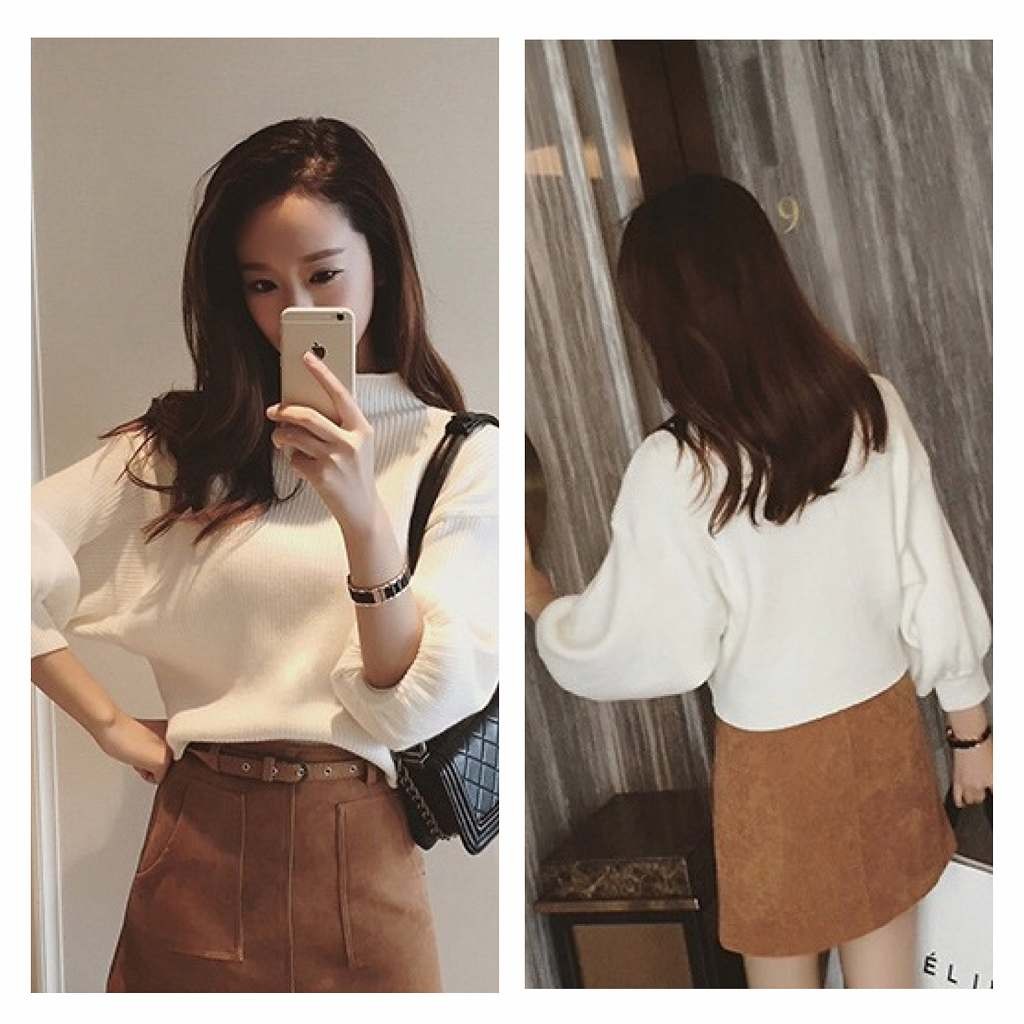 レディース　ニット　セーター　無地　ハイネック　長袖　シンプル　バルーン袖　キュート　カジュアル　大人可愛い　フェミニン　デート　お出かけ　ブラウン　レッド　グレー　ブラック　ホワイト　送料無料