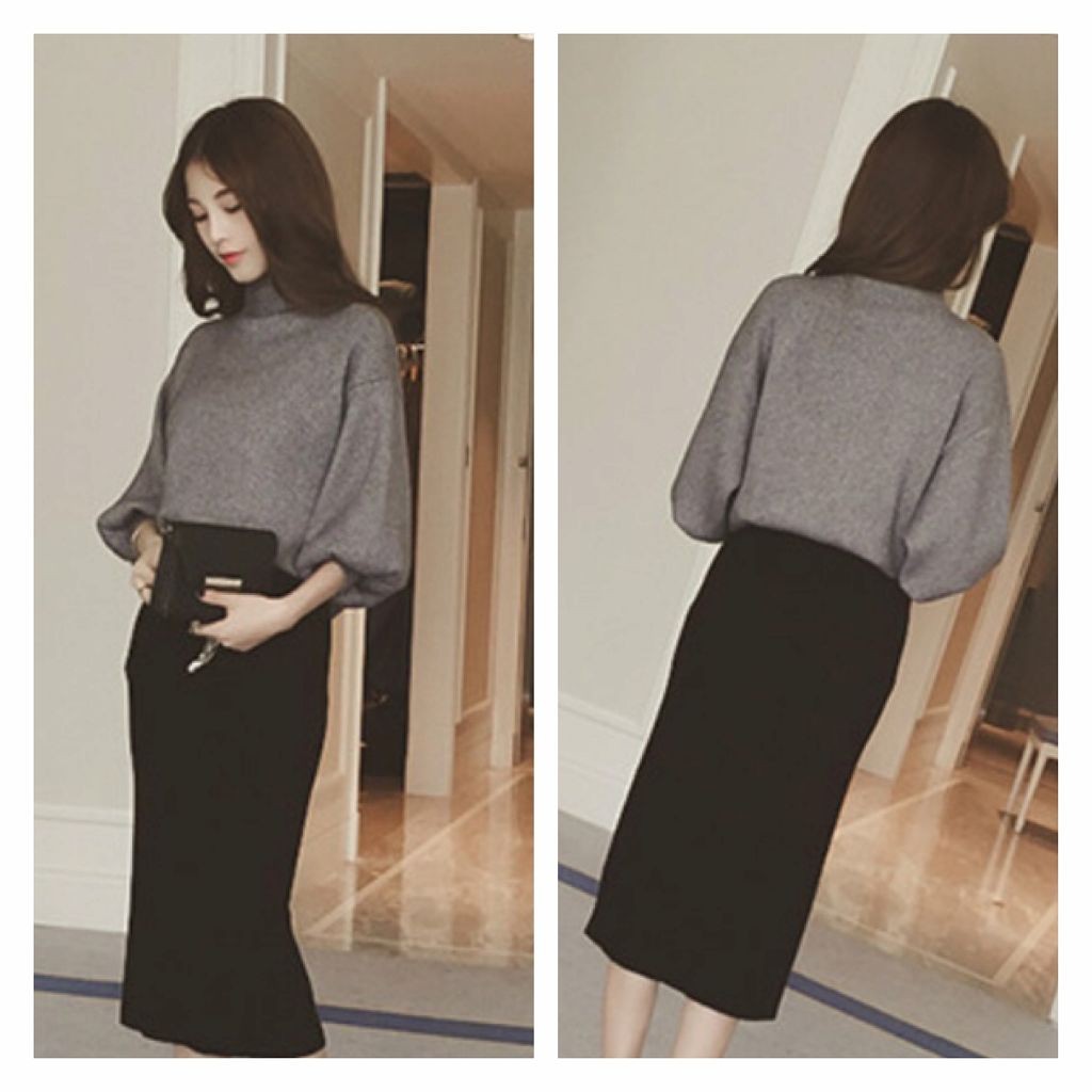 レディース　ニット　セーター　無地　ハイネック　長袖　シンプル　バルーン袖　キュート　カジュアル　大人可愛い　フェミニン　デート　お出かけ　ブラウン　レッド　グレー　ブラック　ホワイト　送料無料