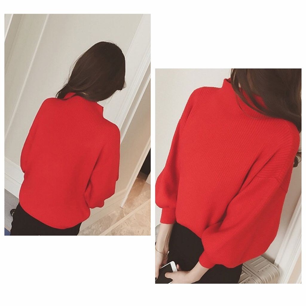 レディース　ニット　セーター　無地　ハイネック　長袖　シンプル　バルーン袖　キュート　カジュアル　大人可愛い　フェミニン　デート　お出かけ　ブラウン　レッド　グレー　ブラック　ホワイト　送料無料