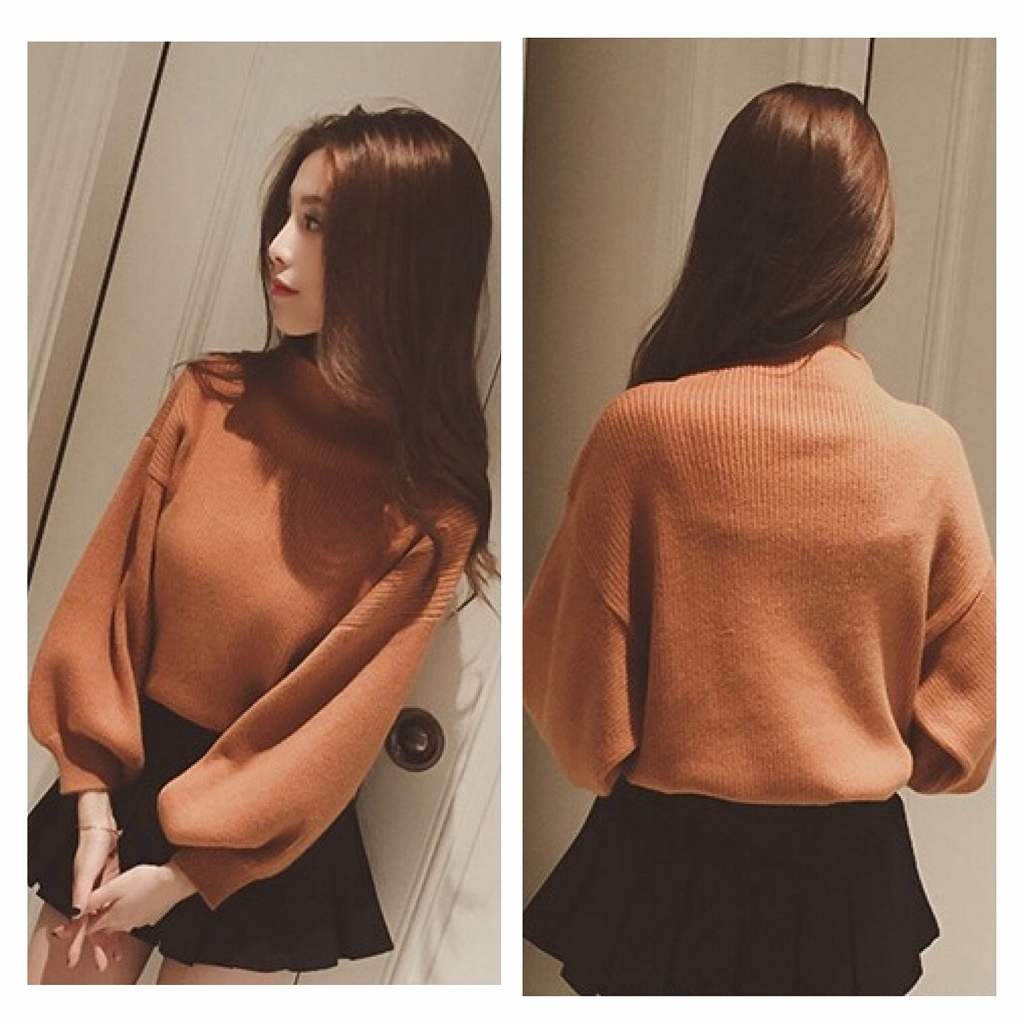 レディース　ニット　セーター　無地　ハイネック　長袖　シンプル　バルーン袖　キュート　カジュアル　大人可愛い　フェミニン　デート　お出かけ　ブラウン　レッド　グレー　ブラック　ホワイト　送料無料