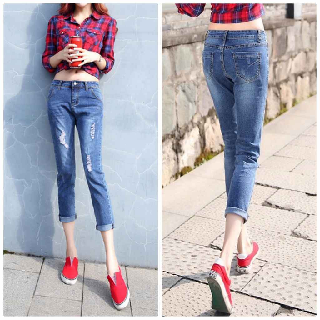 レディース　クラッシュ　ジーンズ　デニムパンツ　ストレート　ダメージ　ジーンズ　ボトムス　無地　カジュアル　シンプル　美脚　デイリー　お出かけ　デート　ブルー　送料無料