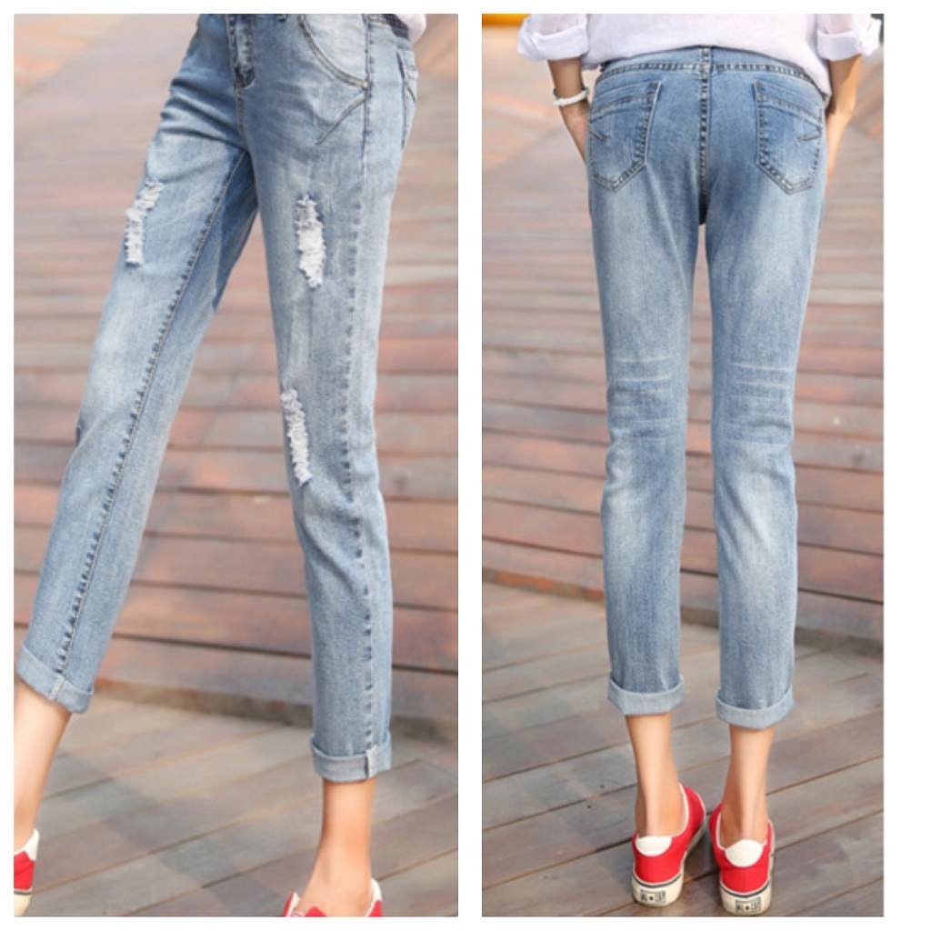 レディース　クラッシュ　ジーンズ　デニムパンツ　ストレート　ダメージ　ジーンズ　ボトムス　無地　カジュアル　シンプル　美脚　デイリー　お出かけ　デート　ブルー　送料無料