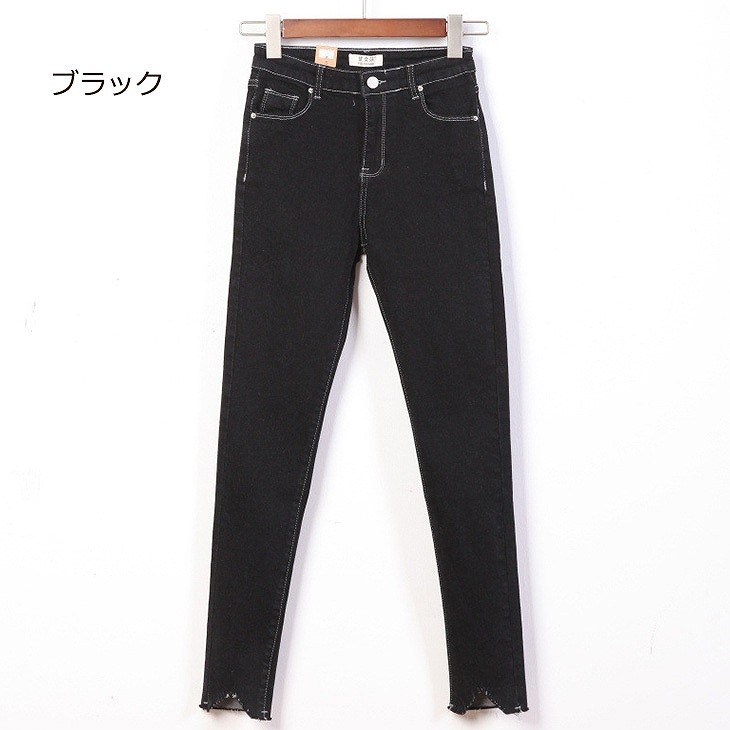 レディース　ボトムス　　ペンシルジーンズ　フレイドヘム　カットオフデニム　パンツ　デニム　ジーンズ　切りっぱなし　無地　大人カジュアル　フェミニン　大きいサイズ　シンプル　美脚　脚長効果　普段着　ブラック　グレー　ライトブルー　ネイビー　送料無料