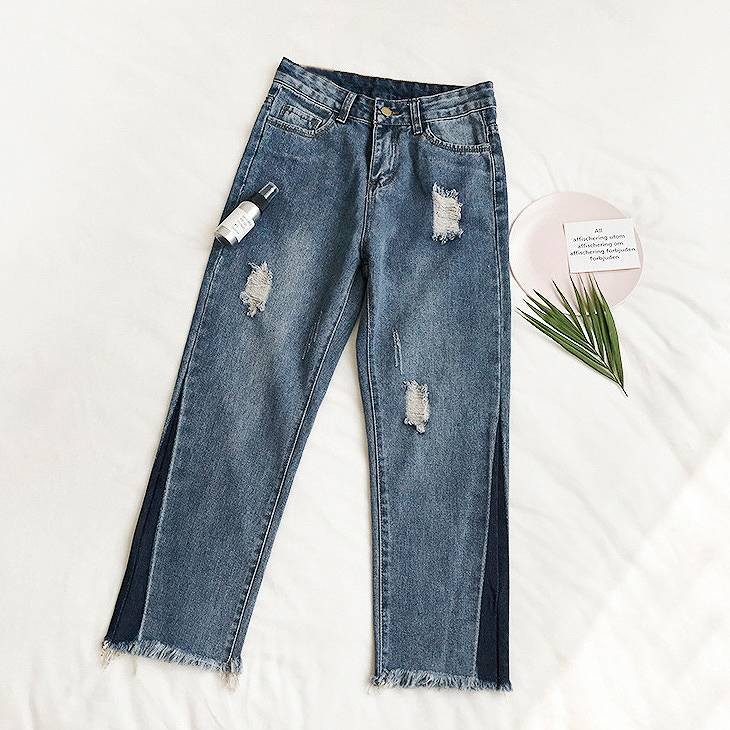 レディース　ボトムス　ストレート　ジーンズ　デニム　フレイドヘム　切りっぱなし　カットオフデニム　ダメージ　クラッシュデニム　無地　大人カジュアル　フェミニン　大きいサイズ　リゾート　普段着　デイリー　お出かけ　ブルー　送料無料