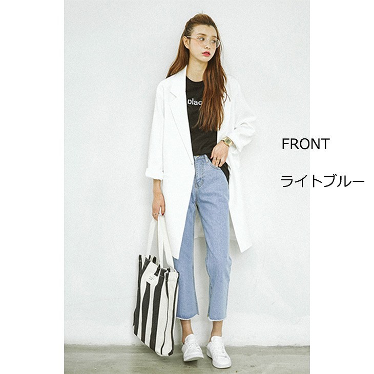 レディース　ボトムス　ジーンズ　デニム　ストレート　ワイド　クロップドパンツ　フレイドヘム　切りっぱなし　カットオフデニム　無地　9分丈　大人カジュアル　フェミニン　シンプル　リゾート　普段着　デイリー　春物　お出かけ　デート　ブルー　送料無料