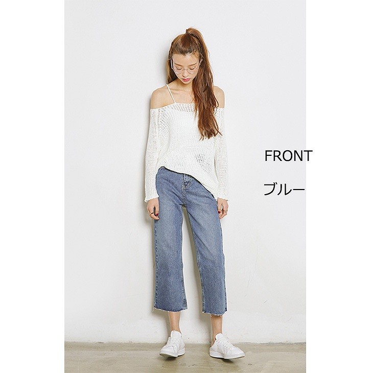 レディース　ボトムス　ジーンズ　デニム　ストレート　ワイド　クロップドパンツ　フレイドヘム　切りっぱなし　カットオフデニム　無地　9分丈　大人カジュアル　フェミニン　シンプル　リゾート　普段着　デイリー　春物　お出かけ　デート　ブルー　送料無料