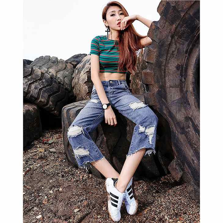 レディース　ボトムス　ジーンズ　デニム　クロップドパンツ　フレイドヘム　切りっぱなし　カットオフデニム　ダメージ　クラッシュデニム　ストレート　ワイドレッグ　大人カジュアル　フェミニン　大きいサイズ　シンプル　リゾート　普段着　デイリー　ブルー　送料無料