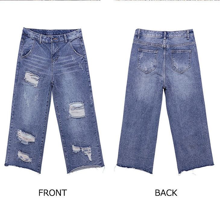 レディース　ボトムス　ジーンズ　デニム　クロップドパンツ　フレイドヘム　切りっぱなし　カットオフデニム　ダメージ　クラッシュデニム　ストレート　ワイドレッグ　大人カジュアル　フェミニン　大きいサイズ　シンプル　リゾート　普段着　デイリー　ブルー　送料無料