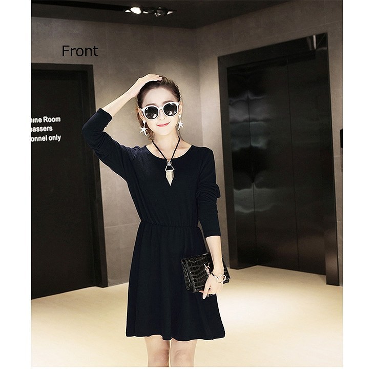 レディース　ワンピース　ニット　無地　フレア　長袖　膝丈　ギャザ?　セクシー　エレガント　フリーサイズ　シンプル　パーティ　女子会　お出かけ　デート　ブラック　レッド　ブルー　グリーン　イエロー　パープル　ピンク　グレー　オレンジ　送料無料