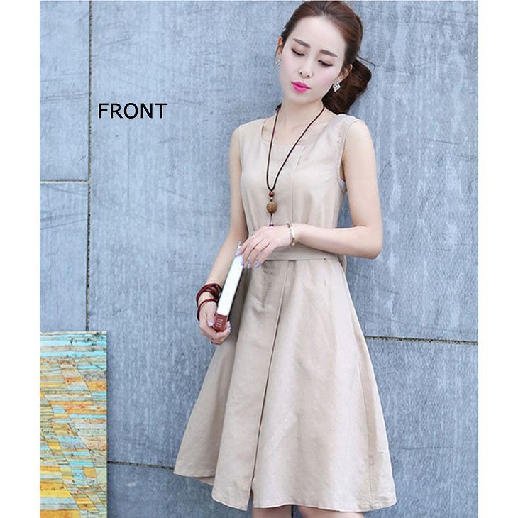 レディース　ワンピース　スカート　コットン　ベルト　リボン　ノースリーブ　フレア　夏　シンプル　大きいサイズ　大人カジュアル　大人可愛い　無地　膝丈　フェミニン　ナチュラル　お出かけ　デート　デイリー　ブルー　レッド　カーキ　送料無料