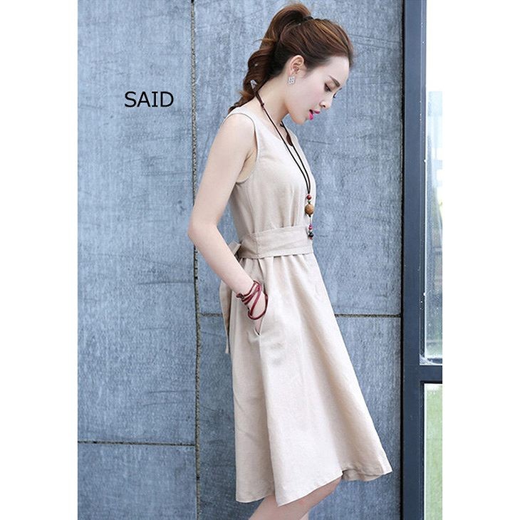 レディース　ワンピース　スカート　コットン　ベルト　リボン　ノースリーブ　フレア　夏　シンプル　大きいサイズ　大人カジュアル　大人可愛い　無地　膝丈　フェミニン　ナチュラル　お出かけ　デート　デイリー　ブルー　レッド　カーキ　送料無料