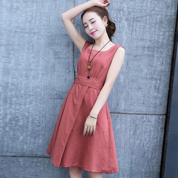 レディース　ワンピース　スカート　コットン　ベルト　リボン　ノースリーブ　フレア　夏　シンプル　大きいサイズ　大人カジュアル　大人可愛い　無地　膝丈　フェミニン　ナチュラル　お出かけ　デート　デイリー　ブルー　レッド　カーキ　送料無料