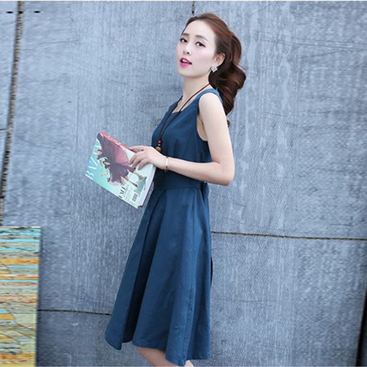レディース　ワンピース　スカート　コットン　ベルト　リボン　ノースリーブ　フレア　夏　シンプル　大きいサイズ　大人カジュアル　大人可愛い　無地　膝丈　フェミニン　ナチュラル　お出かけ　デート　デイリー　ブルー　レッド　カーキ　送料無料