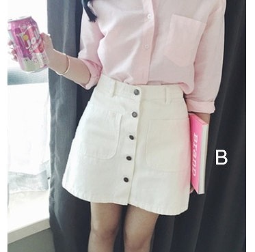 レディース　ハイウエスト　ミニ　スカート　デニム　ジーンズ　前ボタン　4色　水色　ブルー　青　ホワイト　白　ブラック　黒　送料無料