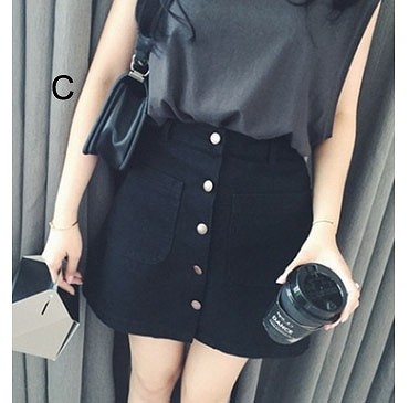 レディース　ハイウエスト　ミニ　スカート　デニム　ジーンズ　前ボタン　4色　水色　ブルー　青　ホワイト　白　ブラック　黒　送料無料