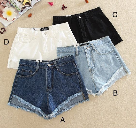 レディース　ショート　パンツ　ホットパンツ　デニム　ジーンズ　ヴィンテージ加工　4色　ブルー　水色　ホワイト　ブラック　送料無料