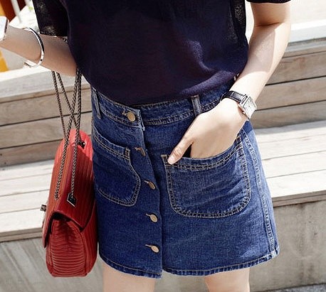 レディース　ハイウエスト　ミニ　スカート　デニム　ジーンズ　前ボタン　水色　ブルー　青　送料無料